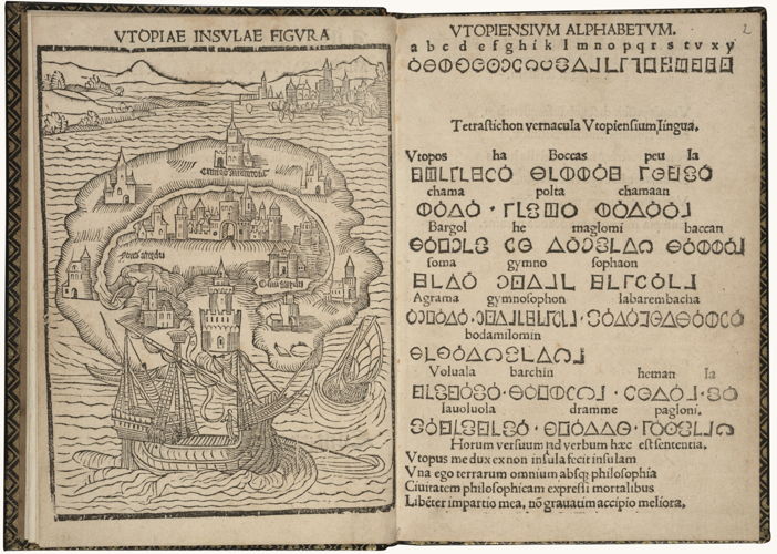 © Thomas More, Libellus vere aureus ... de optimo reip. statu, deq(ue) noua Insula Utopia (The first edition of Utopia), Leuven, Dirk Martens, 1516. Brussels, Royal Library of Belgium. 