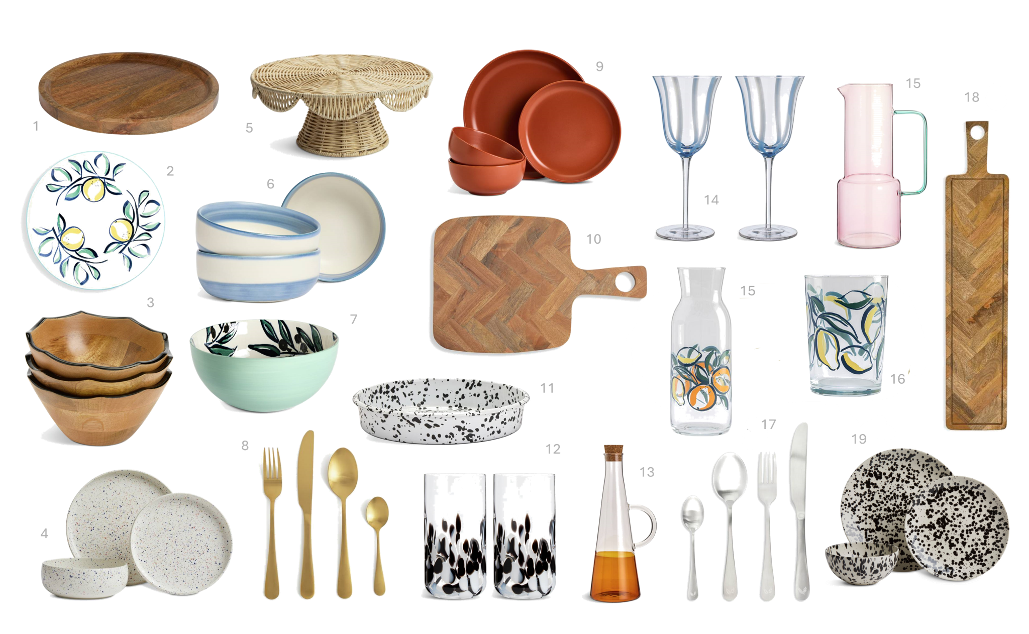 1.Habitat Luxe Mango Wood Serving Platter, £14, 2.Habitat Stoneware Serving Platter – White, £15, 3.Habitat Natural Wood Wiggle Snack Bowls, £13.50, 4.Habitat Reactive Speckle 12 Piece Stoneware Dinner Set - White, £60 5.Habitat Scallop Cupcake Stand, £18, 6.Habitat Artisan Stripe Set of 3 Stoneware Nibble Bowl – Blue, £9, 7.Habitat Stoneware Serving Bowl – Olive, £13, 8.Habitat 16 Piece Gold Stainless Steel Cutlery Set, £28, 9.Habitat 12 Piece Stoneware Dinner Set – Rust, £25, 10.Habitat Mango Wood Parquet Serve Board, £20, 11.Habitat 26cm Enamel Round Dish – White, £9, 12.Habitat Confetti Set of 2 Hi Ball Glasses, £10.50, 13.Habitat Tinted Glass Oil Pourer, £10, 14.Habitat x Sanderson & National Trust Wine Glasses 2pk, £13, 15.Habitat Two Tone Jug - Pink & Blue, £15,16. Habitat Fruit Glass Carafe, £5,17. Habitat Fruit Hi Ball Glass, £1.75, 18.Habitat x Sanderson & National Trust 16pc Satin Cutlery Set, £35, 19.Habitat Slim Wooden Chopping Board, £14, 20.Habitat Jackson Black Splatter 12pc Dinner Set, £50