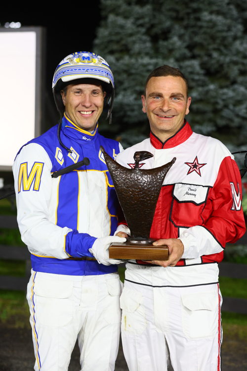 James MacDonald and David Menary with the She's a Great Lady trophy at Woodbine Mohawk Park (New Image Media)