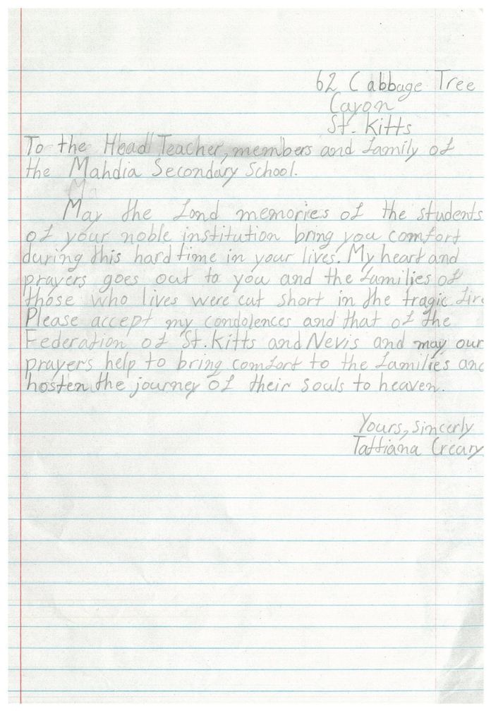 Letter from Tattiana Creary 2-Student of Cayon Primary School in Saint Kitts and Nevis 