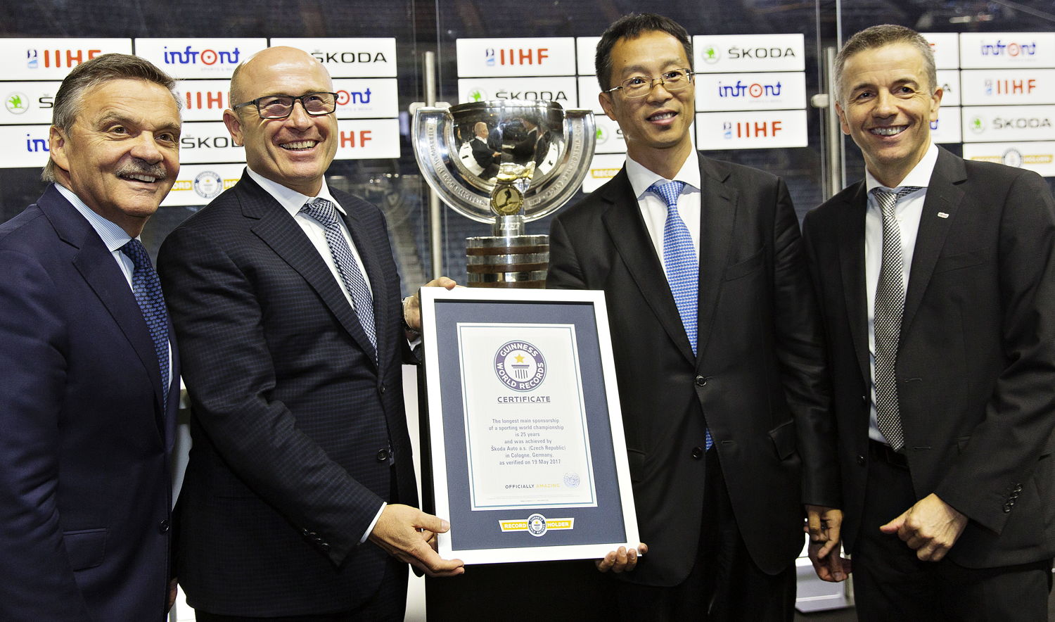 The contract to extend the partnership was signed by IIHF President Dr. René Fasel, ŠKODA CEO Bernhard Maier, Chairman Wanda Sports Holding Lincoln Zhang and President and CEO of Infront Sports & Media Philippe Blattner on Friday at the Lanxess Arena in Cologne. The 25-year commitment has been recognized as a GUINNESS WORLD RECORD for 'the longest main sponsorship in the history of sports world championships'.