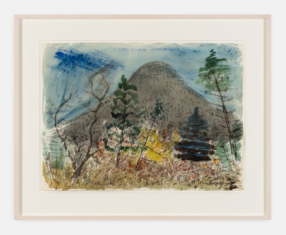Milton Avery, Old Mountain, Young Trees, 1943 watercolor on paper 57.2×77.5cm,221⁄2 ×301⁄2 in. Photo credit: HV-studio Milton Avery Trust / Artists Rights Society (ARS), New York and DACS, London. Courtesy Xavier Hufkens, Brussels and Waqas Wajahat, New York