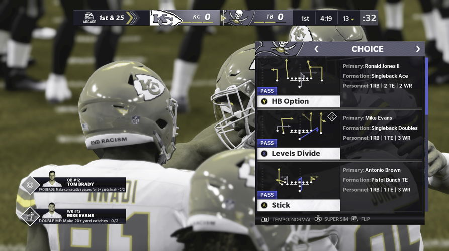 The Tampa Bay play calling screen in Madden NFL 21 with color blindness settings set to deuteranopia, simulated as seen by someone with red-green color blindness. The technology helps to distinguish between the different types of routes to make it easier for the player to choose the right play, enhancing the gaming experience. 