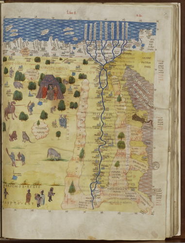 Carte du Nil et de régions inconnues d’Afrique septentrionale, dans Geographia, Claudius Ptolemaus, 1482-1485, Bibliothèque royale de Belgique, Cabinet des Manuscrits, 14887, f.80r.