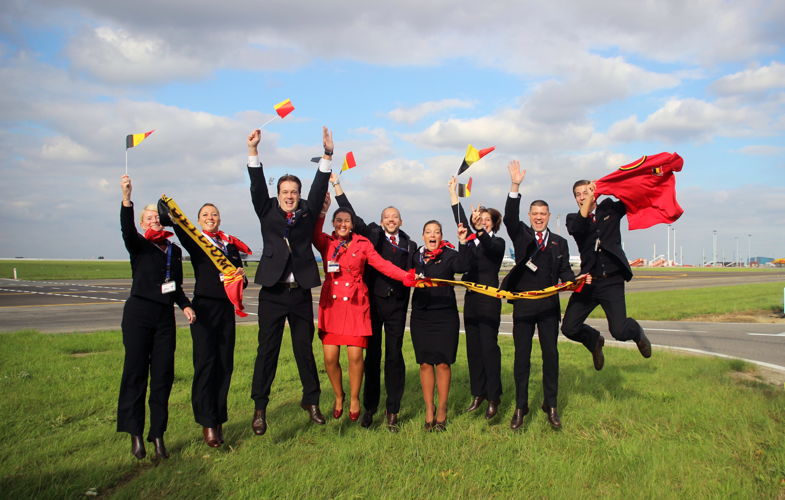 The Brussels Airlines crew wishes the Red Devils good luck in Zagreb!