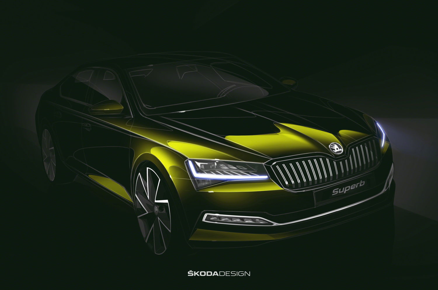 The reworked version of the ŠKODA SUPERB features clean-cut headlights with crystalline details as well as fog lights with a distinctive trim.