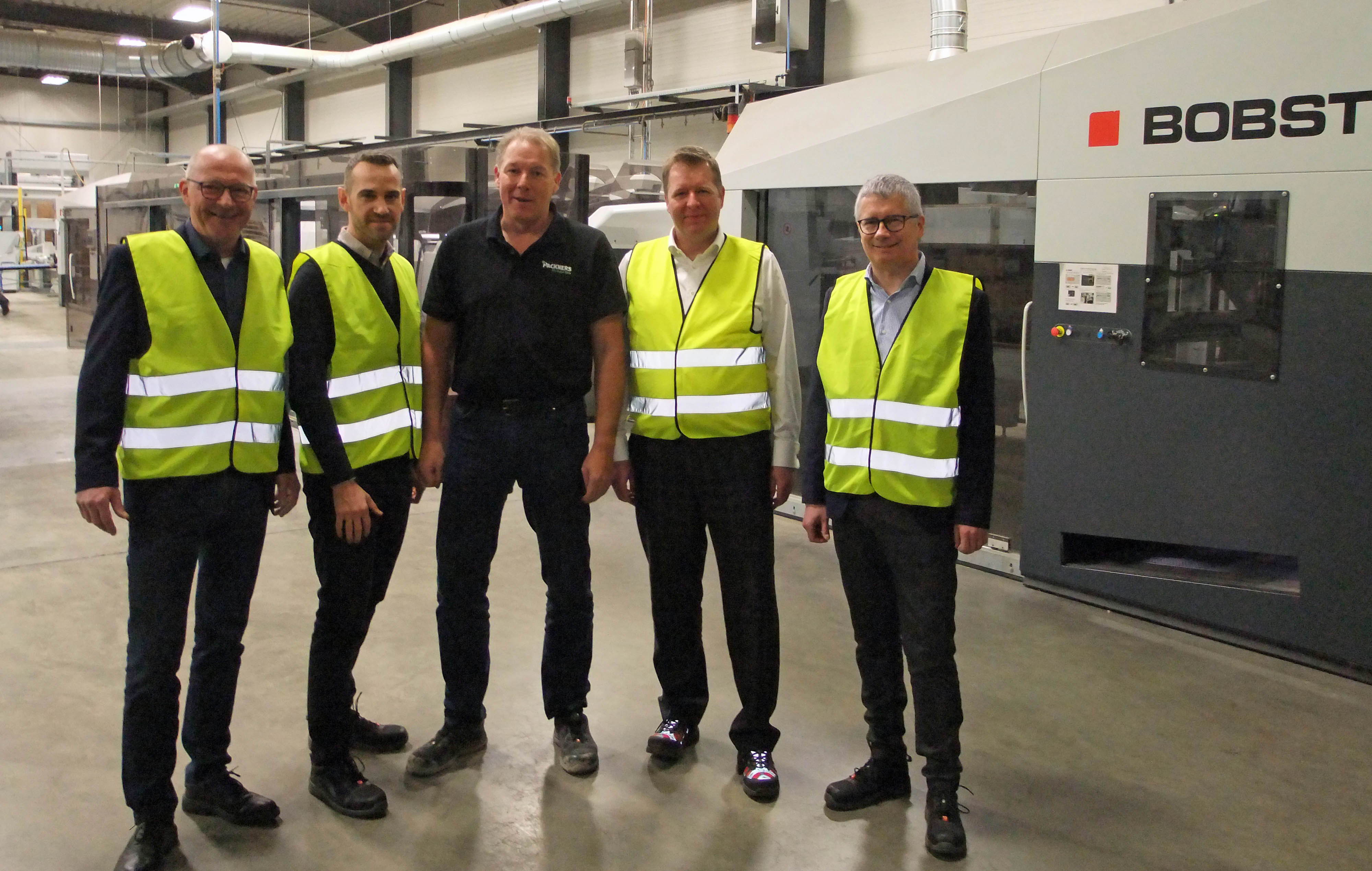 Stefan Gausepohl (second from right) and Christian Wala (left of him) with Olivier Portal, at Bobst Lyon Technology Sales Manager for Germany and Switzerland (second from left), Norbert Klein, Sales Bobst Meerbusch (first from left), and Tomasz Nieborek, at Bobst Mex Regional Marketing & Communications Manager for DACH (far right).