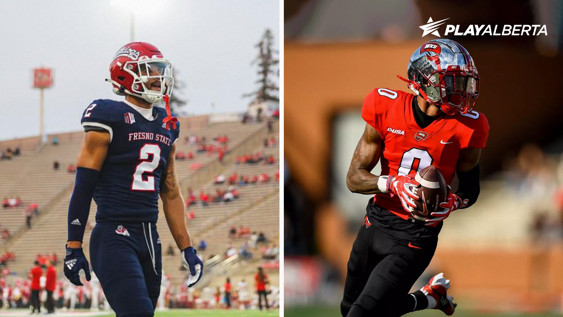 Zane Pope (2) with Fresno State, Jaylen Hall (0) with Western Kentucky ​ \ Photo Courtesy: Fresno State Athletics and Western Kentucky Athletics.