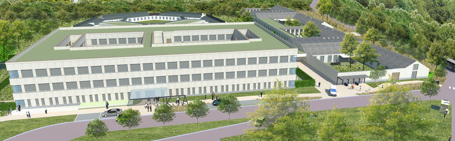 Aanzicht vanuit ZNA  Middelheim op de nieuwe voorbouw en nieuwbouw leefeenheden van ZNA UKJA. (© Bladt & Verstraeten arch & irs bv)