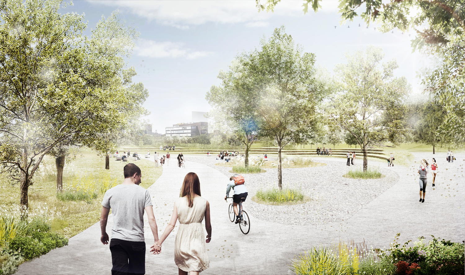 Toekomstbeeld van het nieuwe park over de Ring en de Groenendaallaan.

© Ontwerpteam Ringpark Groenendaal - BUUR – Latz – Greisch – Studio Woodroffe Papa