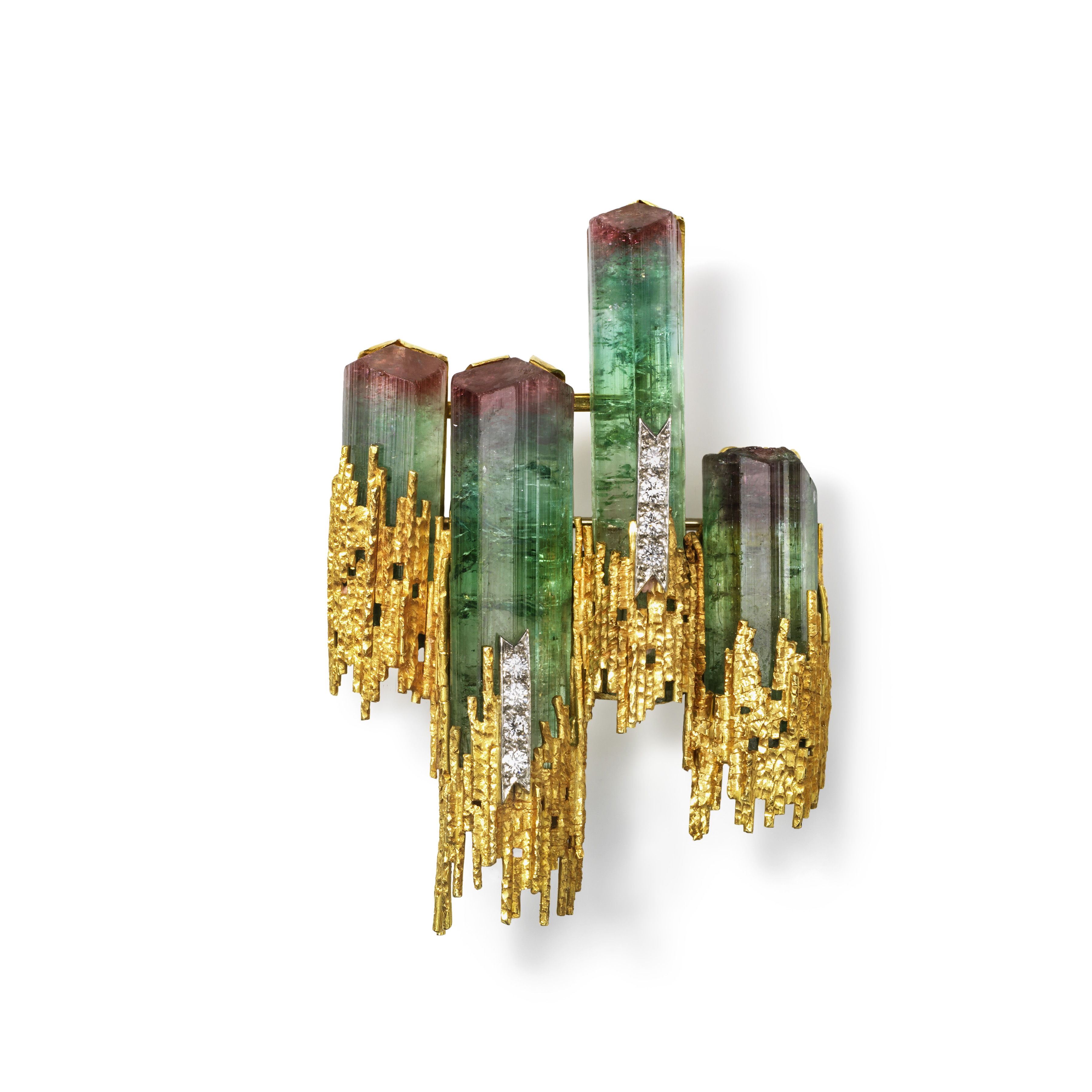 Andrew Grima (1921-2007), Italy, worked in England, Brooch, 1969, gold, watermelon tourmaline, diamonds, Courtesy of the Cincinnati Art Museum, Collection of Kimberly Klosterman, Photography by Tony Walsh