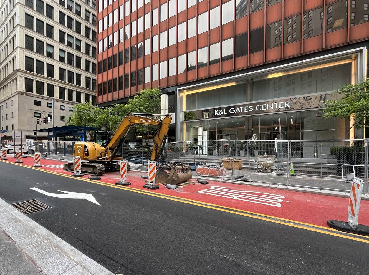 Red bus lane recently installed adjacent to Wood Street PRTX Station