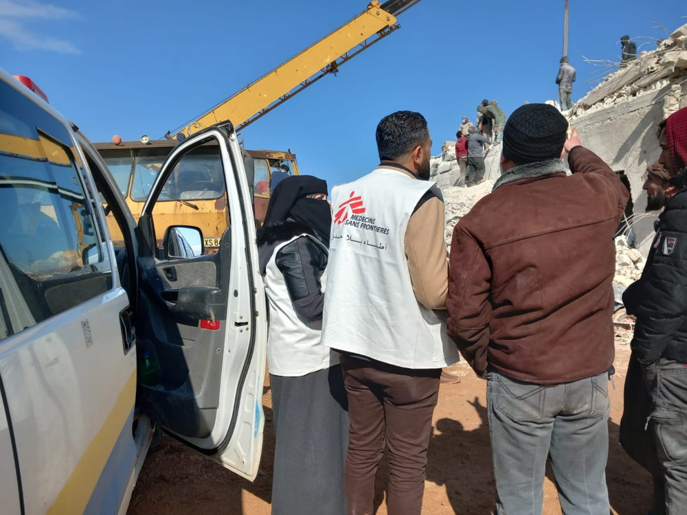 MSF team, a social worker and a logistician, visited the Atarib area, in Aleppo, one of the most affected areas, to conduct an initial assessment and identify critical needs after the earthquake. They met with people to listen to their needs related to water and hygiene, the availability of shelters, and also the situation of the needs of vulnerable groups such as people with disabilities, the elderly, and unaccompanied children. Copyright MSF 