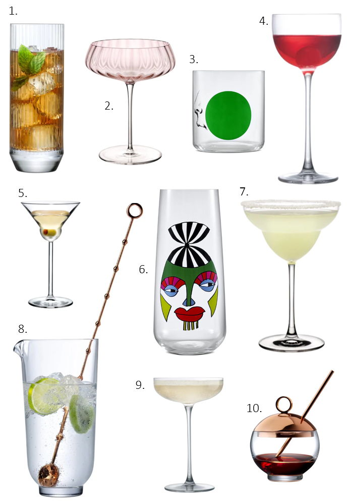 1. Big Top Set of 4 High Ball Glasses, EUR €46, US $68, INT $68 , ​
2. Round Up Dusty Rose Set of 2 Coupe Glasses, EU €60, US $102, INT $67 ​
3. Finesse Rock & Pop Set of 4 Whisky Glasses, EUR €37, US $53, INT $53
4. Savage Set of 2 Pony Glasses, EUR €23, US $33, INT $33
5. Vintage Set of 2 Martini Glasses Rounded, EUR €28, US $46, INT $40
6. Mirage Rock & Pop Set of 4 High Ball Glasses, EUR €43, US $62, INT $62
7. Vintage Set of 2 Margarita Glasses, EUR €24, US $46, INT $40
8. Hepburn Mixing Glass with Metal Stirrer, EUR €63, US $110, INT $92
9. Savage Set of 2 Coupe Glasses, EUR €29, US $42, INT $42
10. Hepburn Alchemy Glasses, EUR €81, US $142, INT $118