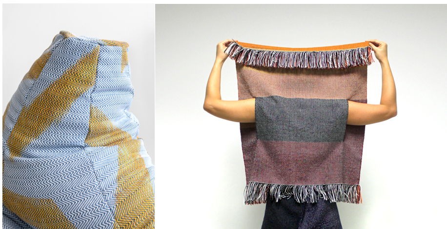 Left: Pastiche for Zanotta Sacco and an image from the Expanding Rectangles project exploring the weaving process and working with analogue vs industrial looms