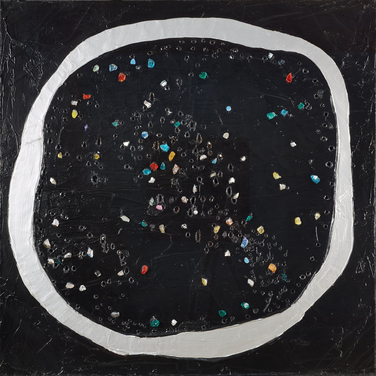 Lucio Fontana, Concetto spaziale, La luna a Venezia [Spacial Concept, The Moon in Venice], 1961, Acrylic, glass, and holes on canvas, 150 x 150 cm / 59 x 59 in. Archivio Patrimonio Artistico Intesa Sanpaolo © Fondazione Lucio Fontana by SIAE 2022. Photo: Studio Vandrasch, Milano
