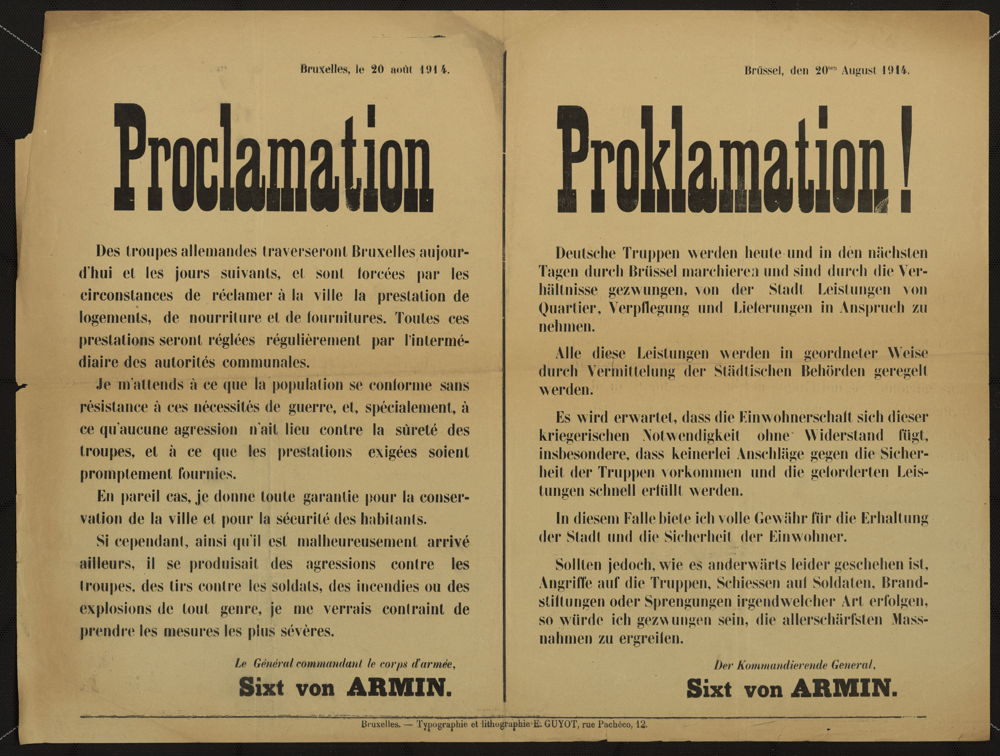 Affiche: 'Proclamation à Bruxelles' (copyright: Les Archives de l'Etat en Belgique)
