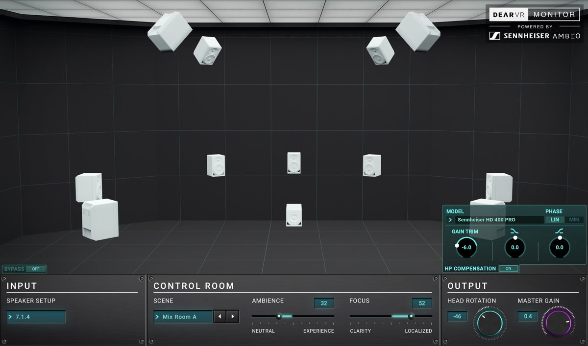 The intuitive user interface of dearVR MONITOR showing a 7.1.4 set-up