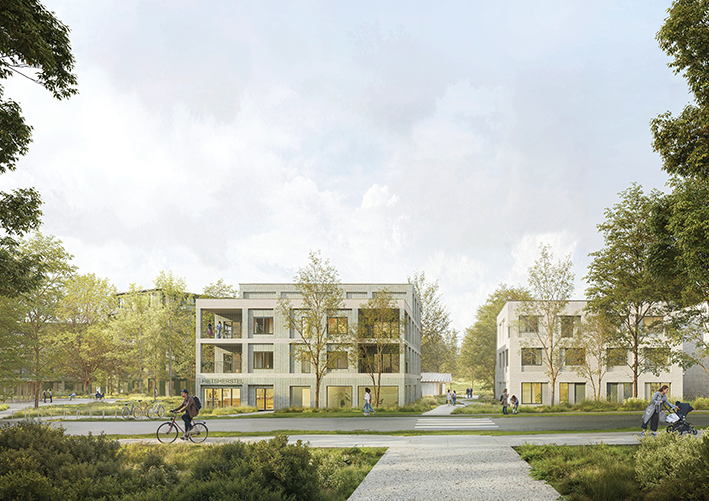 Het zicht vanuit de overkant van de Sint-Jansbergsesteenweg. Een afbeelding van de ontwerpvisie uit de wedstrijd; wijzigingen kunnen nog plaatsvinden tijdens de ontwerpfase. © VELD en B-architecten Het zicht vanuit de overkant van de Sint-Jansbergsesteenweg. Een afbeelding van de ontwerpvisie uit de wedstrijd; wijzigingen kunnen nog plaatsvinden tijdens de ontwerpfase. © VELD en B-architecten