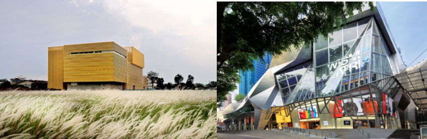 Above: Sunray Woodcraft Construction Headquarters; Wisma Atria shopping mall on Orchard Road