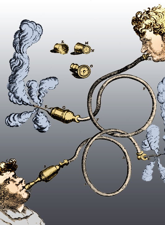 Clyster apparatus which uses tobacco smoke. An enema or clyster, is a fluid injected into the lower bowel by way of the rectum. The most frequent use of an enema is as a cleansing enema (also called a soapsuds enema) which is given to relieve constipation or for bowel cleansing before a medical examination or procedure. Etching from "" La Presse medicale"", 1903. Colorised. AKG9036527 © akg-images / Science Source Clyster apparatus which uses tobacco smoke. An enema or clyster, is a fluid injected into the lower bowel by way of the rectum. The most frequent use of an enema is as a cleansing enema (also called a soapsuds enema) which is given to relieve constipation or for bowel cleansing before a medical examination or procedure. Etching from "" La Presse medicale"", 1903. Colorised. AKG9036527 © akg-images / Science Source