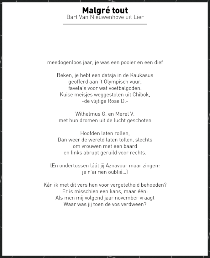 "Malgré tout" : het VRT nieuwsgedicht van 2014 - Bart Van Nieuwenhove 