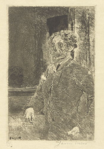 James Ensor, Mijn portret met doodshoofd, 1889. Ets, 116 × 75 mm. KBR, inv. S.IV 29323 © KBR