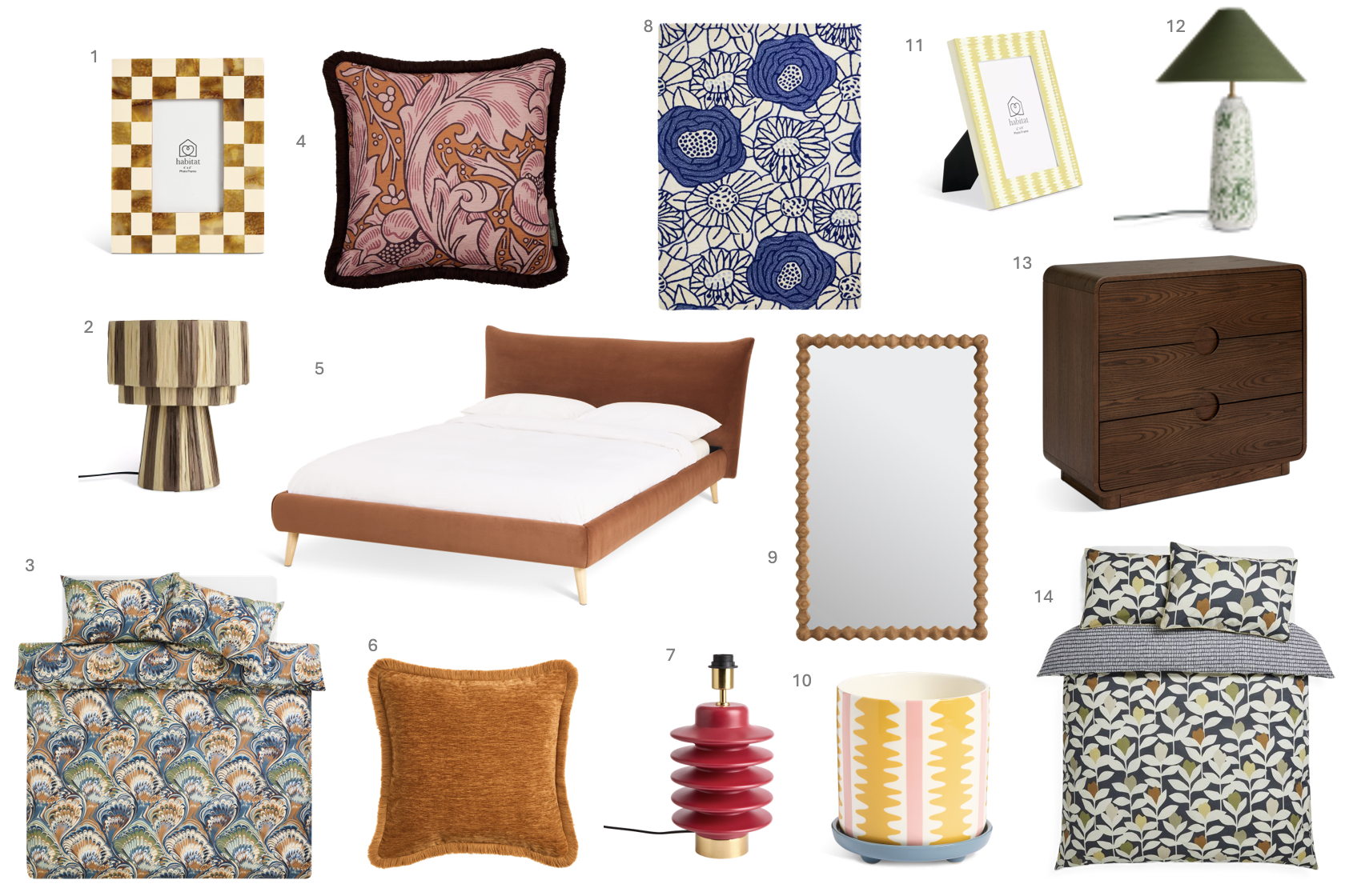 1.Habitat-Checkerboard Frame 4x6, £14.00, ​2.Habitat Salto Rafia Stripe 3 Tier Table Lamp - Brown, £25.00, ​3.Habitat Cotton Marbled Print Blue Bedding Set - Single, £20.00,​4.Habitat x Morris & Co. Batchelors Fringe Cushion – 43x43cm, £22.00​5.Habitat Marshmallow Velvet Kingsize, £490.00, ​6.Habitat Fringed Chenille Cushion 43x43 Umber, £12.00, ​7.Habitat Emir Totum Mango Wood Base Only Table Lamp - Red, ​8.Habitat Scandi Floral Blue Wool Cut Pile Rug - 120x170cm, £115.00, ​9.Habitat Bobbin Stained Wood Mirror 90x56cm, £90, ​10.Habitat Yellow Stripe Ceramic Planter with Saucer, £12.00, ​11.Habitat-Printed Frame Mustard 4x6, £5.00, ​12. Habitat Jaxx Splatter Table Lamp, £50.00​, 13.Habitat Adeje 3 Drawer Chest Walnut, £335.00, ​14.Habitat x Scion Cotton Padukka Bedding Set - King size, £32.00