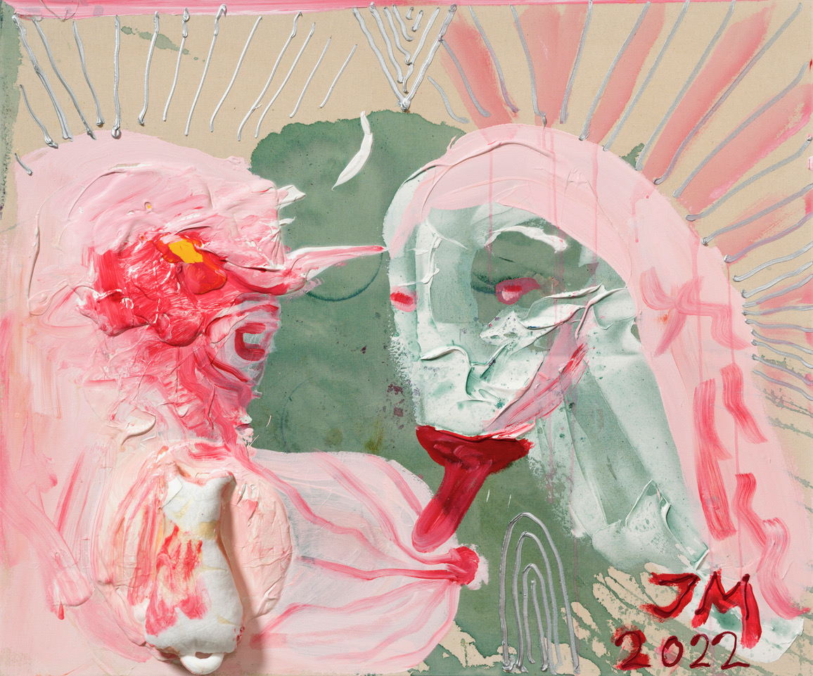 JONATHAN MEESE DIE ZWEI IN KROKANT!, 2022 acrylic and mixed media on canvas 100,3 x 120,5 x 3,3 cm. Courtesy Tim Van Laere Gallery, Antwerp