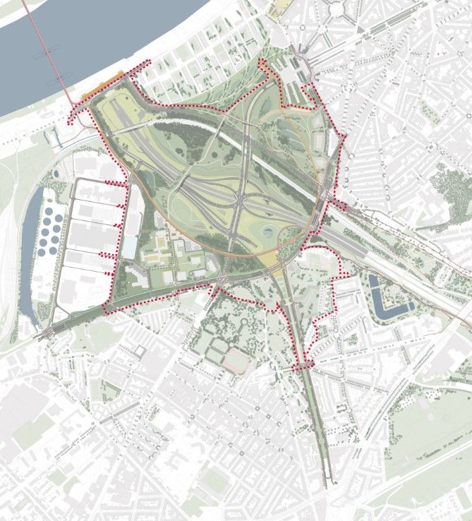 Het totale projectgebied van Ringpark Zuid is aangeduid met rode lijnen en is ongeveer 1,5 km² groot. Dat zijn bijna 300 voetbalvelden. © Ontwerpteam Ringpark Zuid