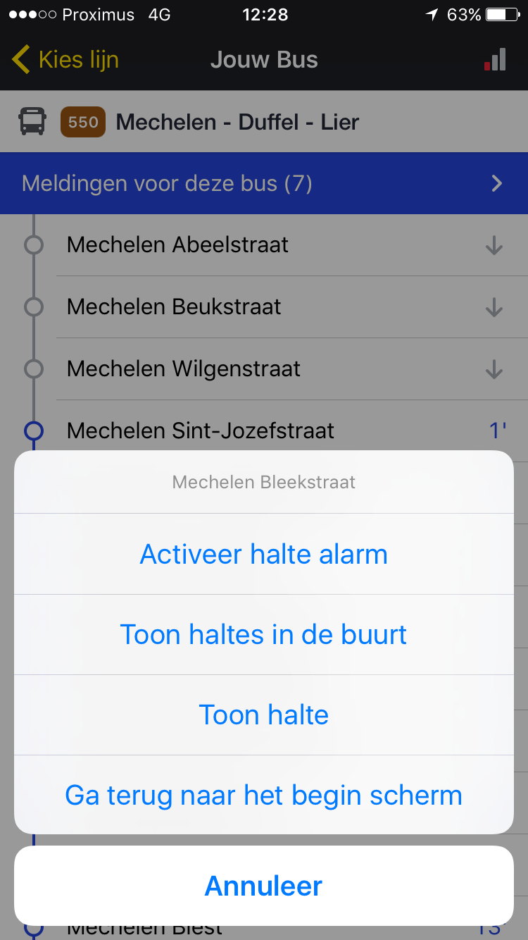 4. Je hebt in het vorige scherm je lijn geselecteerd. Vervolgens heb je op het 'parelsnoer' je afstaphalte gekozen. Daarvoor kan je nu een verwittiging instellen (of een andere optie kiezen).