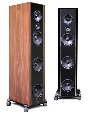 Synchrony T800 ¾ view in Satin Walnut Veneer and front view in High Gloss Black