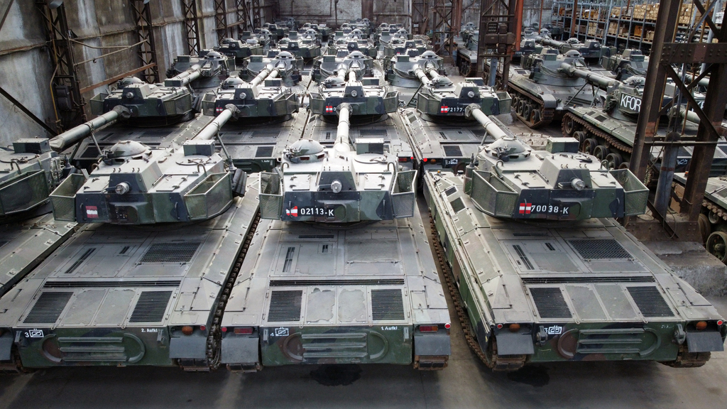 TOURNAI, BELGIUM - FEBRUARY 02: German-made Leopard 1 tanks, which were removed from the Belgian army's inventory years ago and sold to a defense industry company are seen at a warehouse in Tournai, Belgium on February 02, 2023. The Belgian government is considering buying back the tanks from the Belgian defense company OIP Land Systems at a 