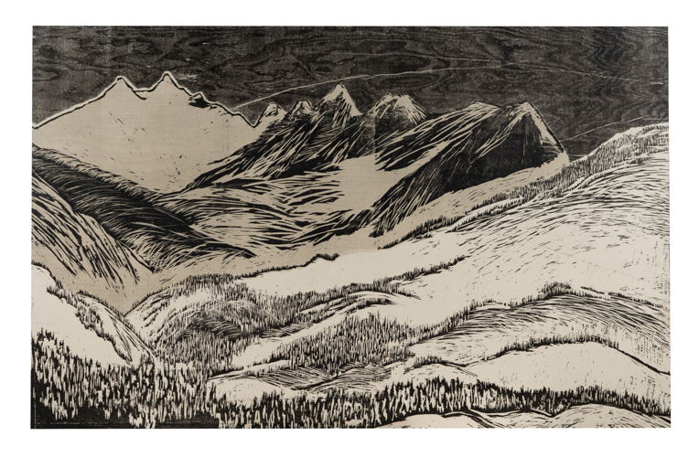 Yoni De Muynck - Shelter IIb, houtsnede op Awagami papier, 76 x 240 cm 