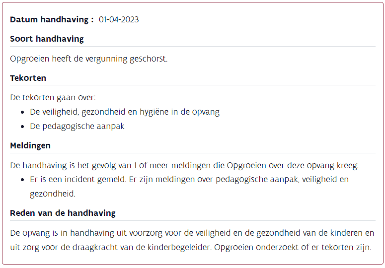 Een fictief voorbeeld van een handhavingstraject. Vanaf 12 juni staan alle handhavingsstappen sinds 1 september 2022 op de Kinderopvangzoeker op Opgroeien.be