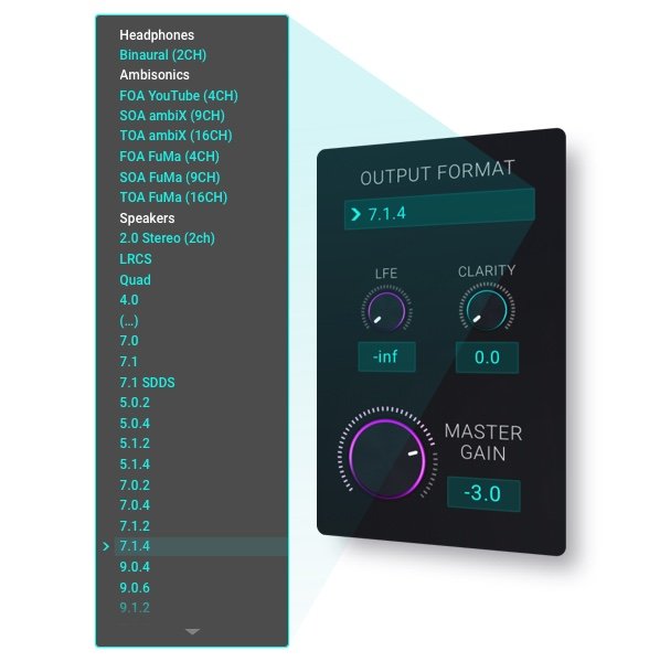 Section des formats de sortie de dearVR PRO 2 avec au choix des sorties binaurales, Ambisonics et multicanales Section des formats de sortie de dearVR PRO 2 avec au choix des sorties binaurales, Ambisonics et multicanales