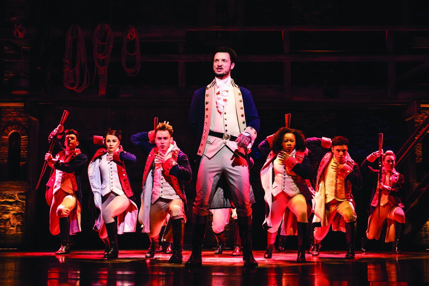 Centre Foreground Jamael Westman (Hamilton) and the West End Cast of Hamilton. Photo Matthew Murphy.