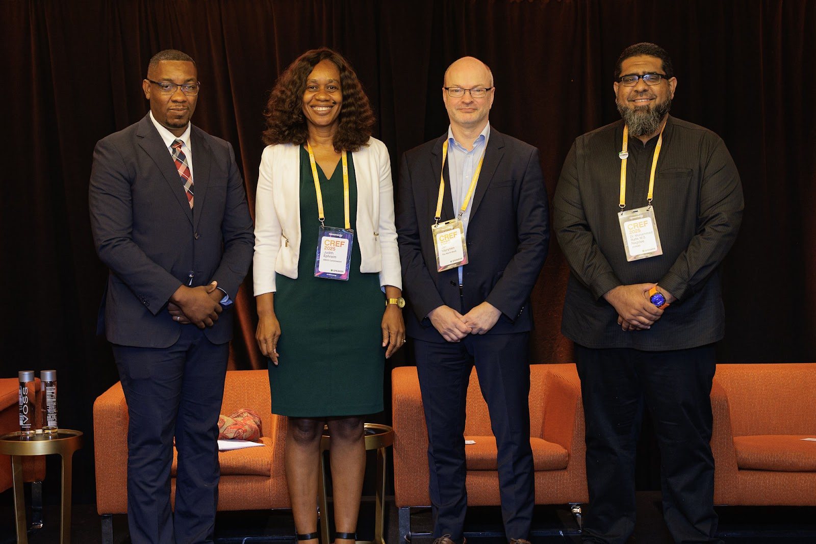 From left, Kurt Inglis, Head of Energy and Public Utilities in the Department of Infrastructure, Ports and Transport, Saint Lucia; Judith Ephraim, Programme Director, Sustainable Energy of the OECS Commission; moderator Jari Vayrynen, World Bank Senior Energy Specialist at the World Bank and Dr. Mohammed Nagdee, Executive Director of the Caribbean Centre for Renewable Energy and Energy Efficiency (CCREEE) From left, Kurt Inglis, Head of Energy and Public Utilities in the Department of Infrastructure, Ports and Transport, Saint Lucia; Judith Ephraim, Programme Director, Sustainable Energy of the OECS Commission; moderator Jari Vayrynen, World Bank Senior Energy Specialist at the World Bank and Dr. Mohammed Nagdee, Executive Director of the Caribbean Centre for Renewable Energy and Energy Efficiency (CCREEE)