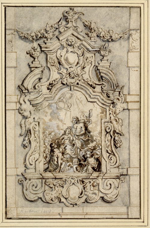 2 – Anoniem (foutief toegeschreven aan Jan van den Hoecke) naar Theodoor Boeyermans, Ornamentale Rahmung eines Altargemäldes: Marienkronung [Regina angelorum], na 1654 (Wenen, Albertina, inv. 8602)