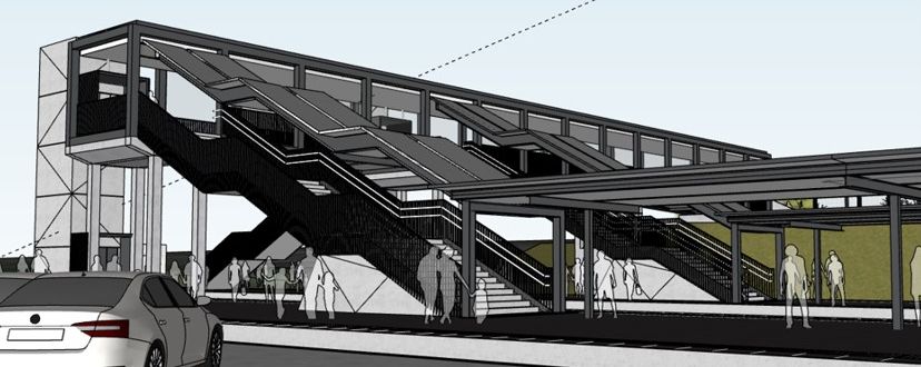 De nieuwe overdekte voetgangersbrug, met een lift en een trap naar elk perron.