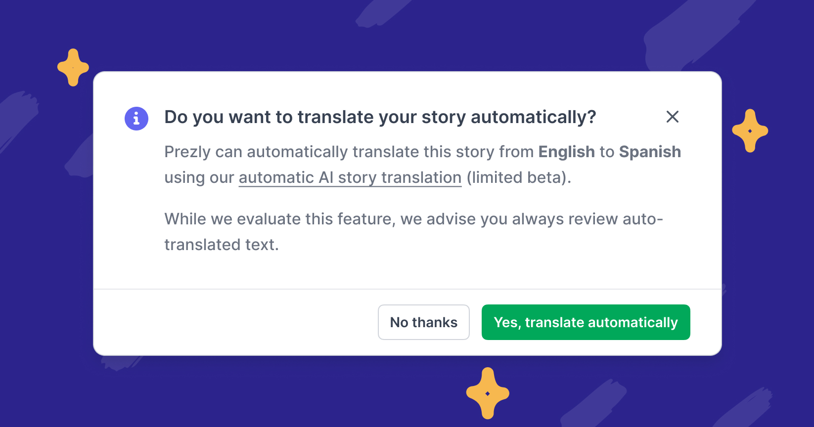 Using AI story auto-translation