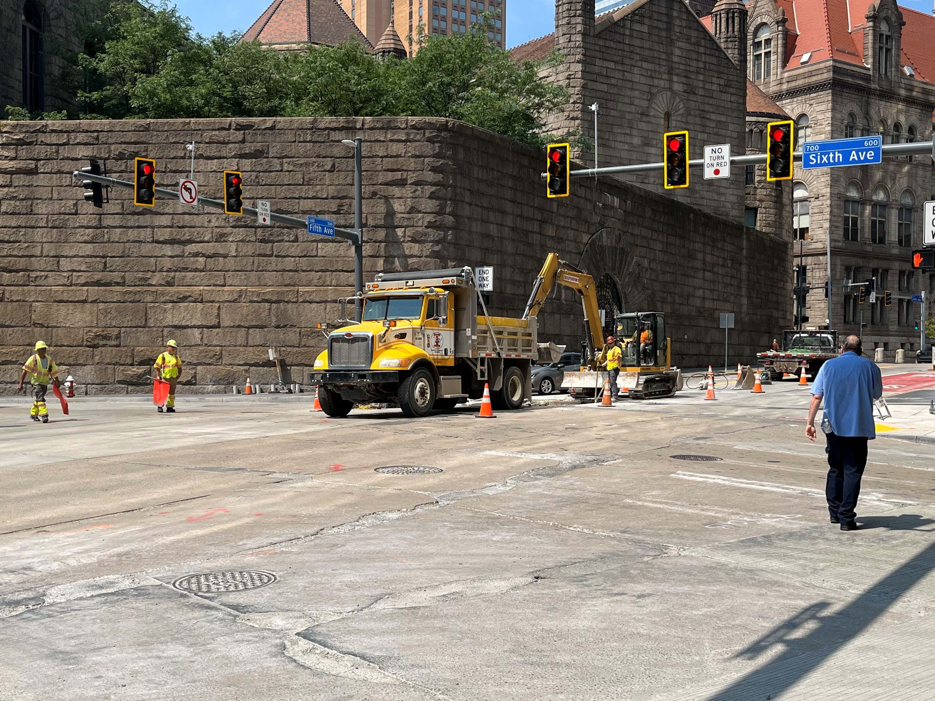 Crews recently began roadway restoration at the intersection of Fifth and Sixth avenues