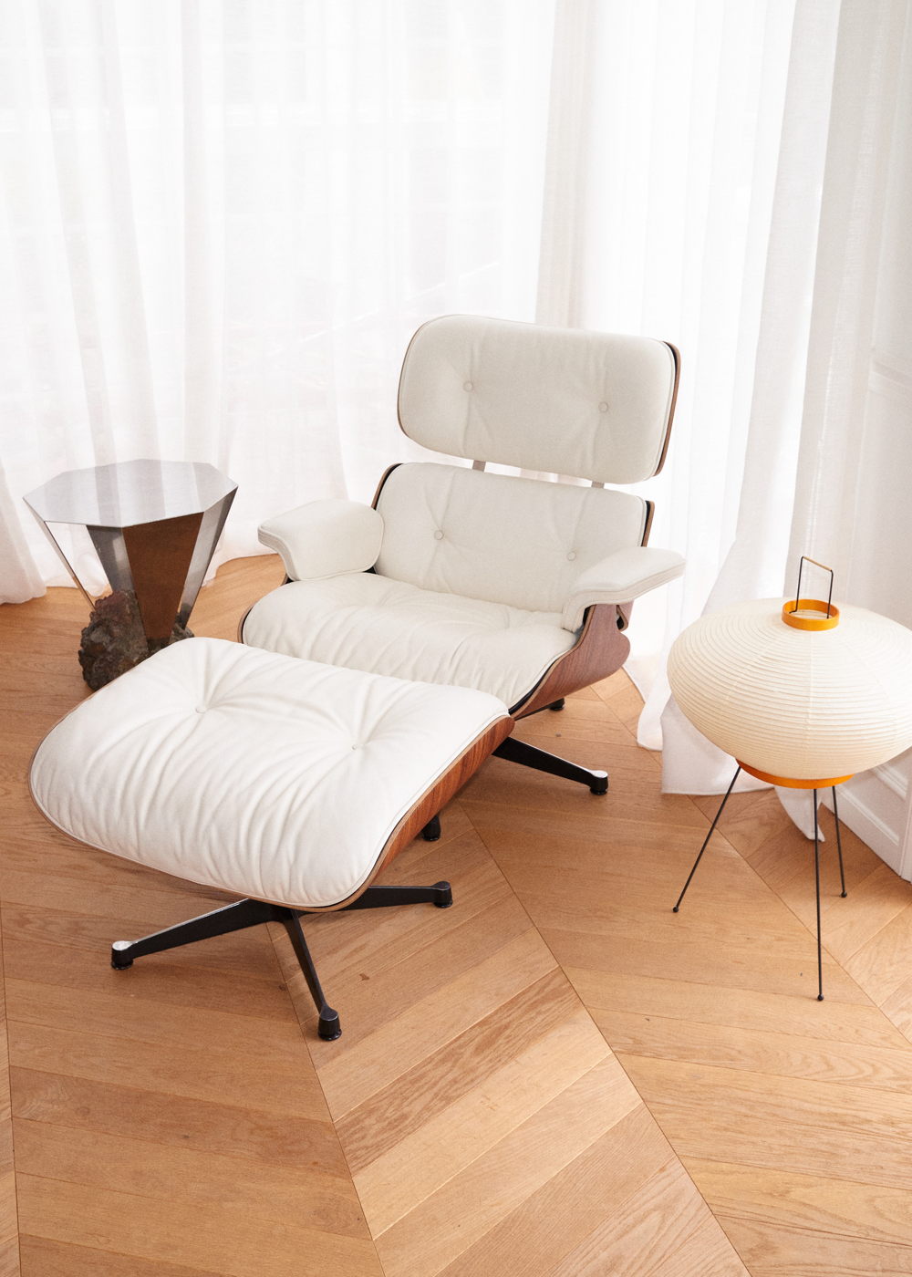 Isamu Noguchi Model 9A Akari Light Sculpture Handcrafted by Ozeki, Japan styled in Teisbaek’s home