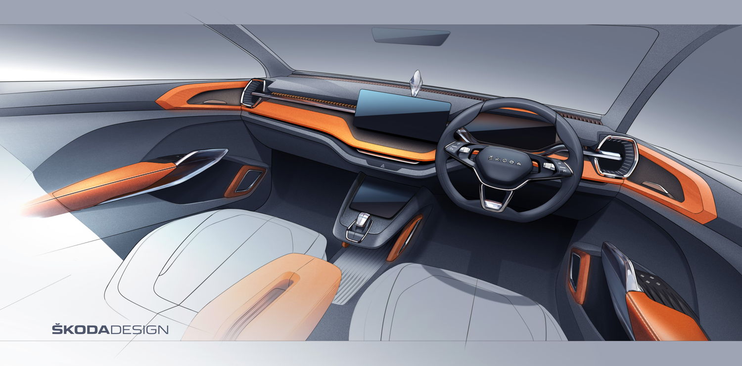 ŠKODA offers a first glimpse of the VISION IN study with
an interior design sketch. The manufacturer will be
presenting the concept vehicle at Auto Expo 2020 in New
Delhi.