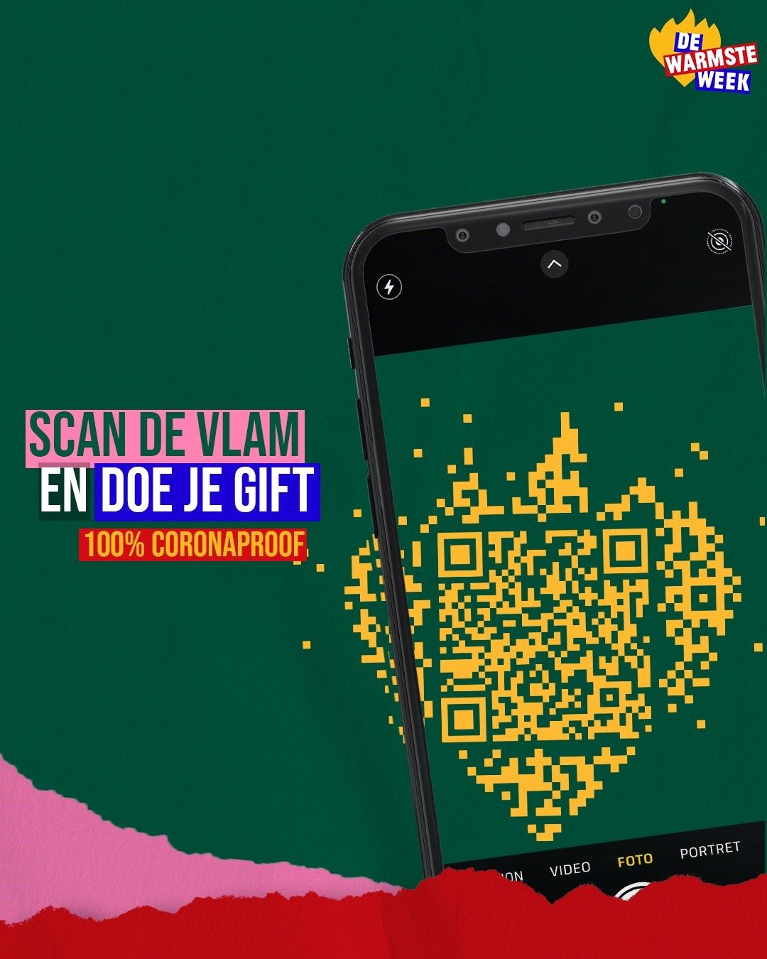 The poster (in dutch) with the new flame-shaped QR code to support The Warmest Week