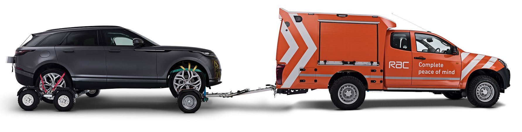 A RAC Heavy Duty 4x4 Patrol Van recovering (A photo of the 2019 RAC Heavy Duty Patrol Van - a customised Isuzu D-Max - recovering a vehicle
)