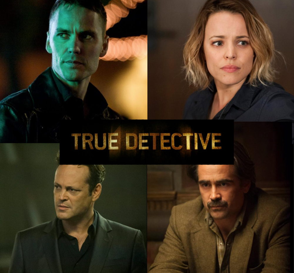De hoofdpersonages van True Detective II: Paul Woodrugh (Taylor Kitsch) - Ani Bezzerides (Rachel McAdams) - Frank Semyon (Vince Vaughn) - Ray Velcoro (Colin Farrell) - HBO