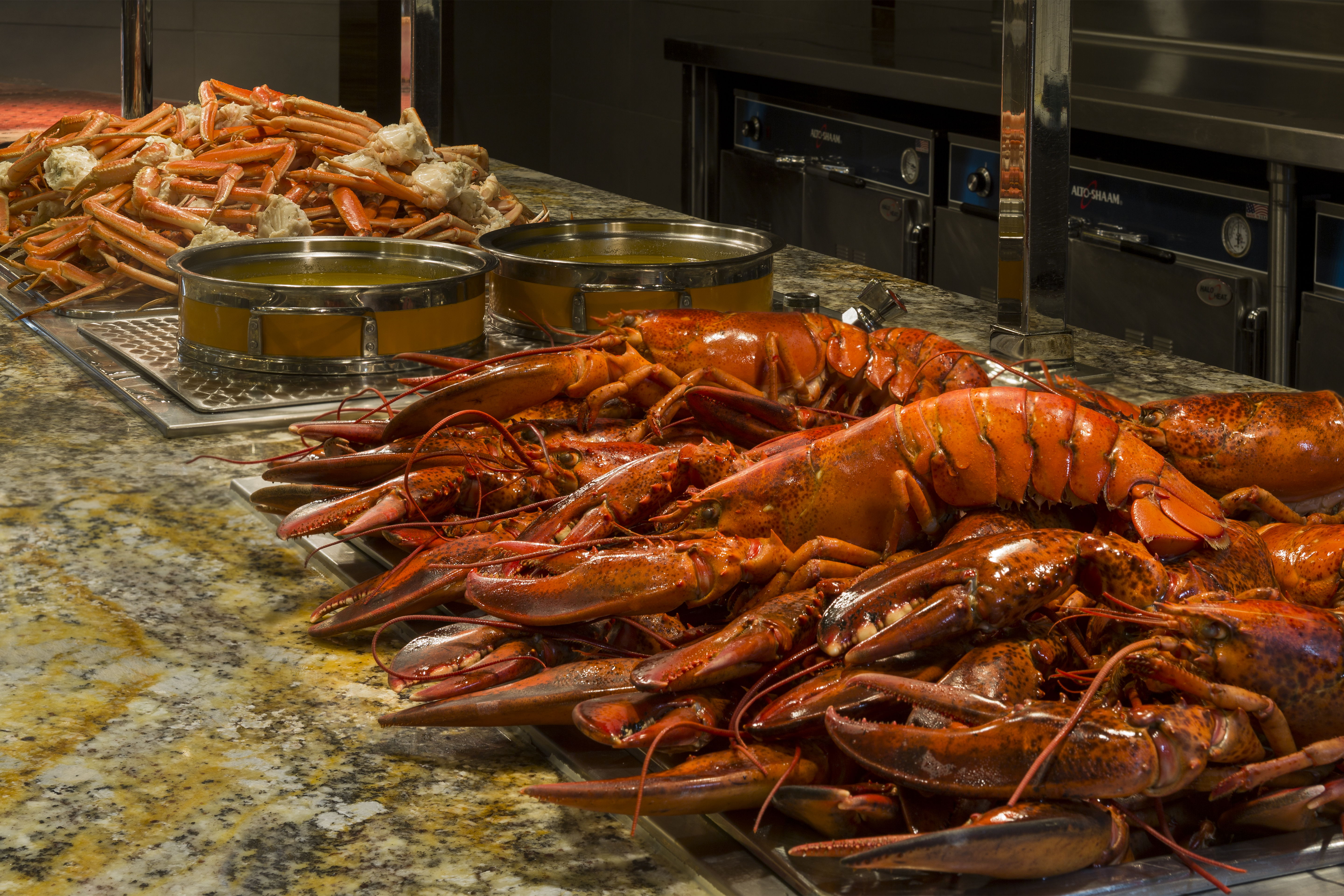 The Monarch Casino buffet features whole Maine lobster and crab legs, plus USDA Prime Rib