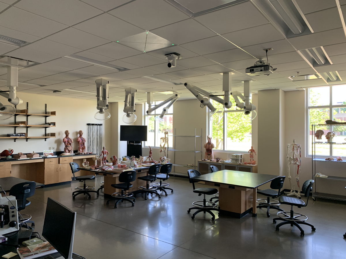 Classrooms are constantly reoriented like this lab room, so having a beamforming microphone like the TCC2 allows comprehensive audio pickup for class recordings or remote participants.