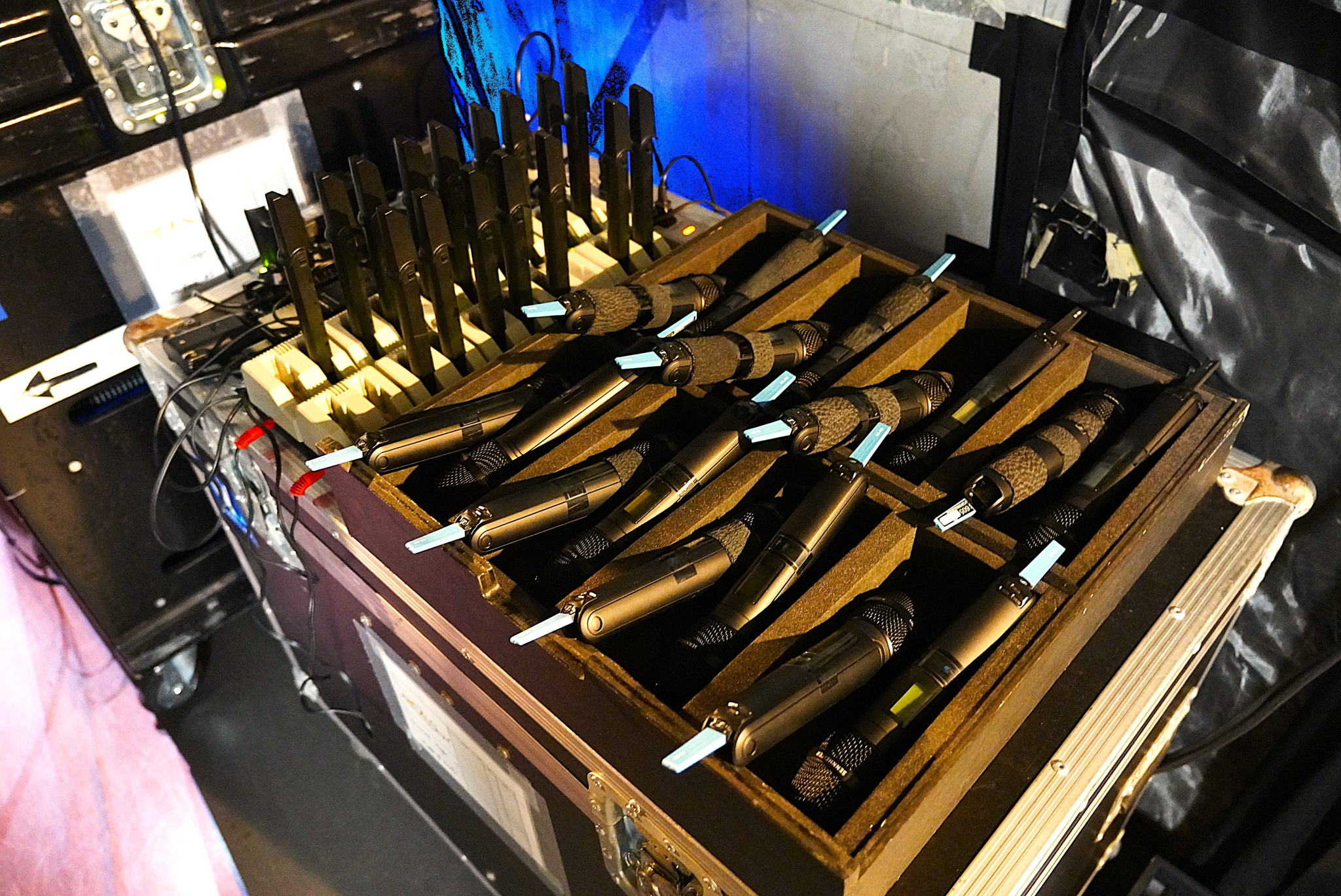 The SKM 6000 handheld microphones being prepared for one of the shows